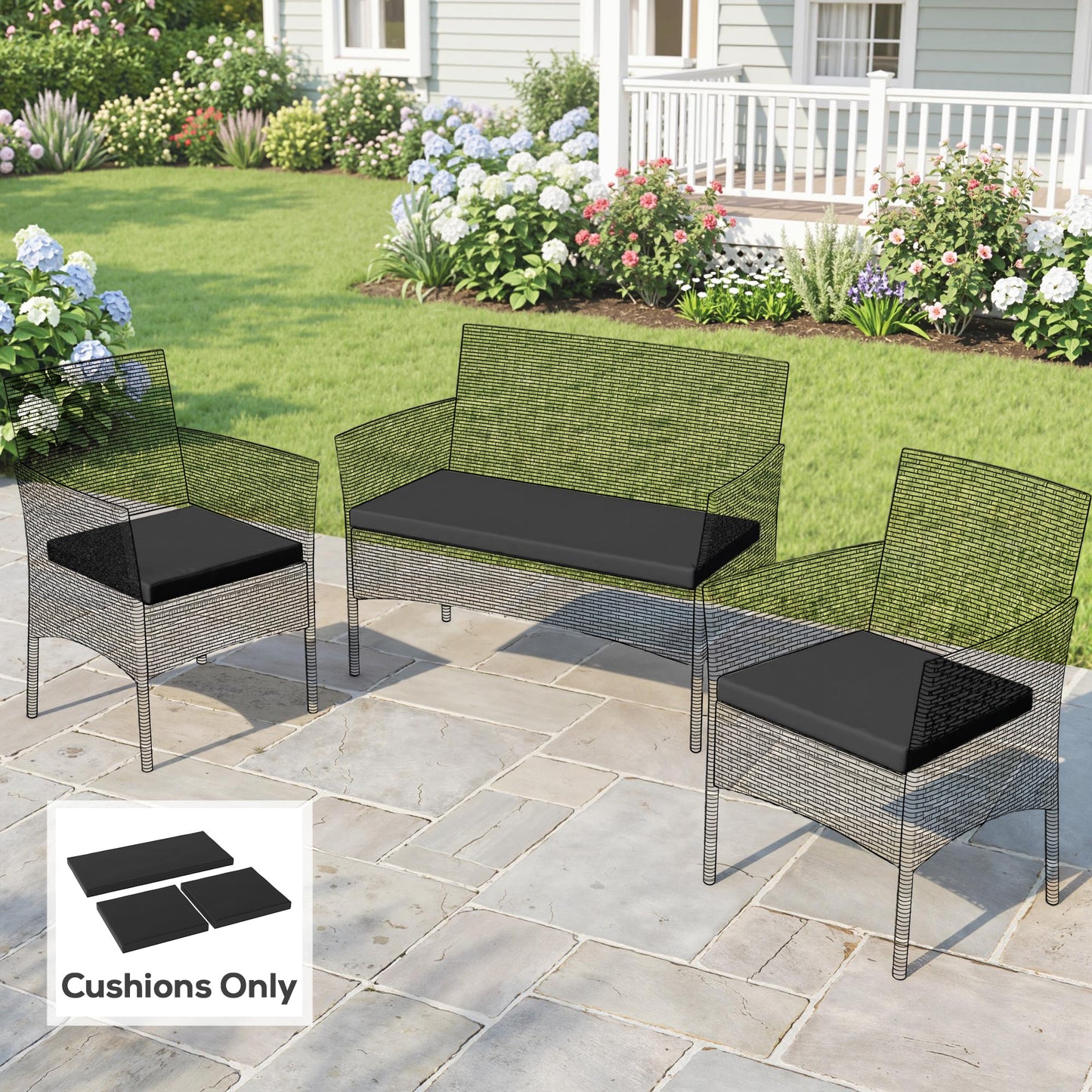 Outdoor Seat Cushion Pads for Rattan Furniture, 3 PCs Garden Furniture Cushions, Black