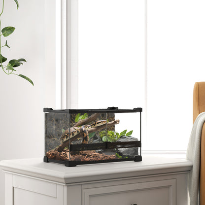 Reptile Glass Terrarium with Stone Background, Front Ventilation, Escape-Proof Knob Lock, 30 x 20 x 20 cm, Black