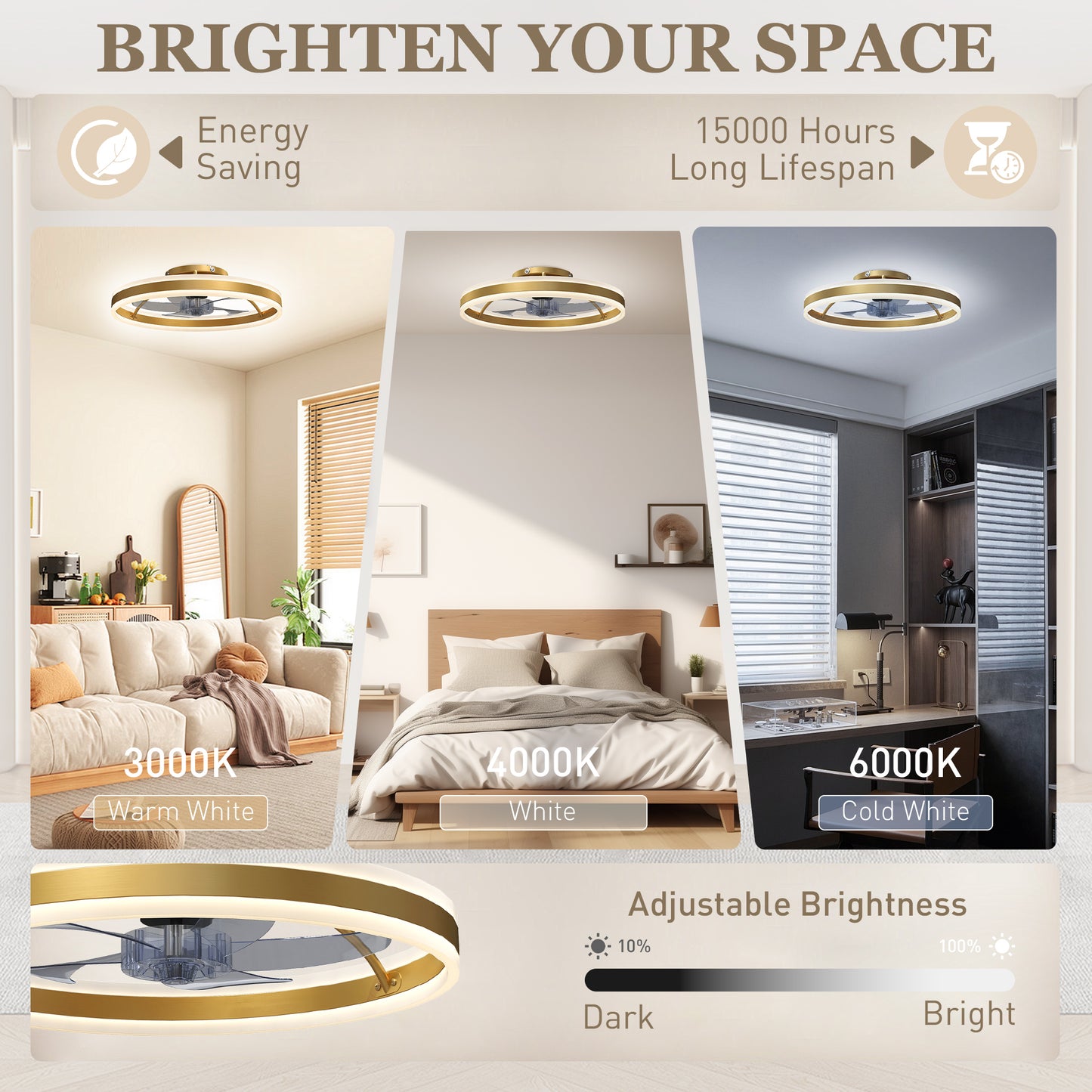 Ceiling Fan with Light and Remote, LED Mount Ceiling Fan with 3 Colour Temperatures, 6 Speed, 50 cm, Gold Tone
