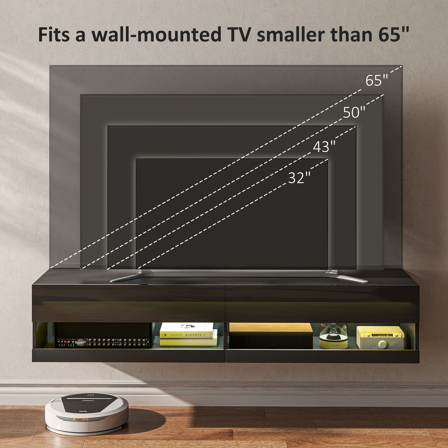 Floating TV Unit, Wall Mounted TV Cabinet for TVs up to 65", High Gloss Media Wall Unit with LED Lights, Storage Shelves