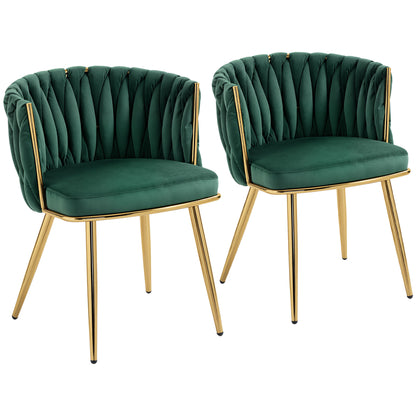 Velvet-Feel Dining Chairs Set of 2, Modern Upholstered Armchair with Knot Design and Golden Metal Legs