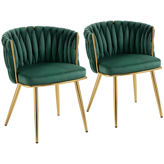 Velvet-Feel Dining Chairs Set of 2, Modern Upholstered Armchair with Knot Design and Golden Metal Legs