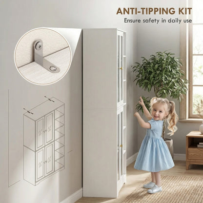 Multi-Storage Kitchen Cabinet, with Glass Doors - White Wood-Effect