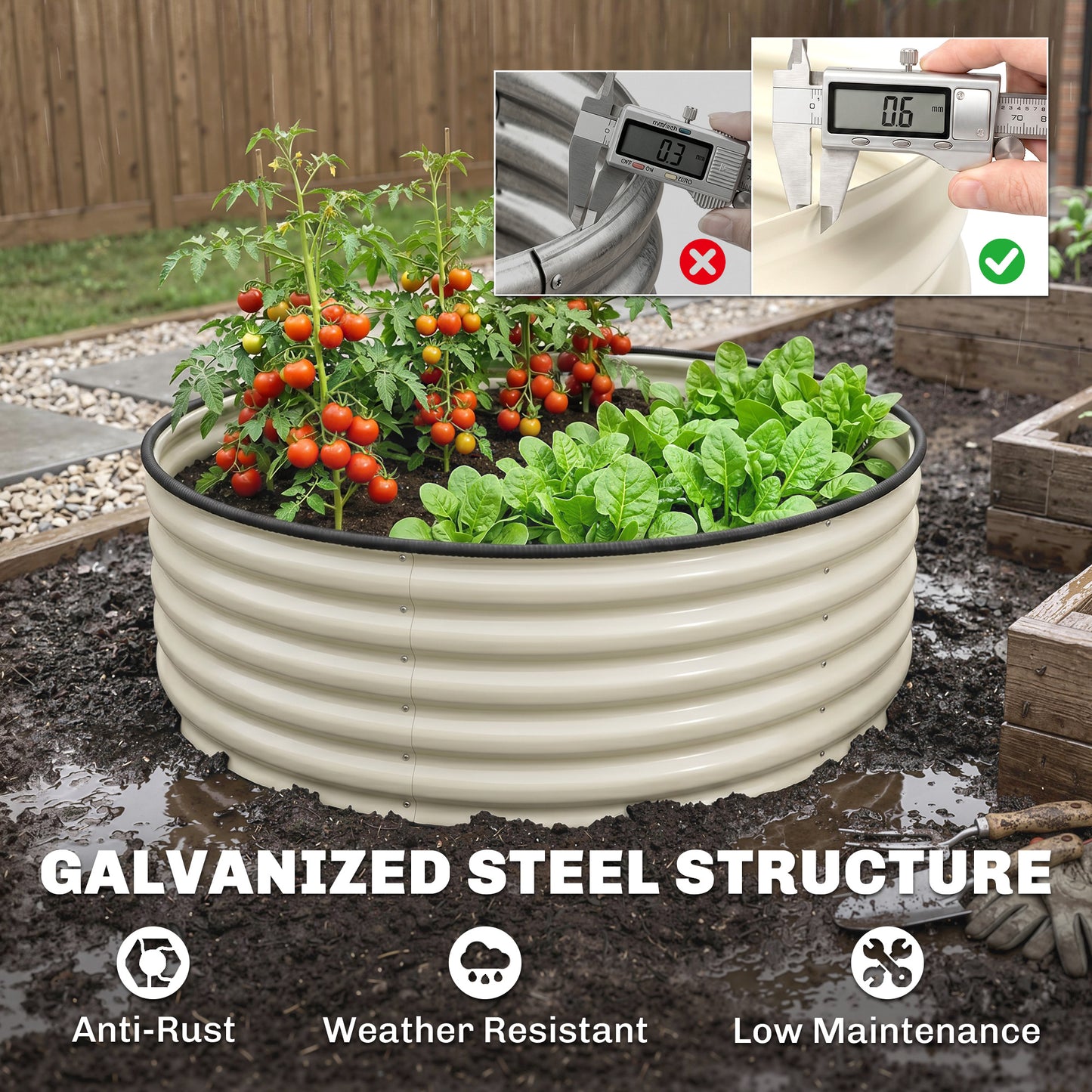 Galvanised Raised Garden Bed with Safety Edging, Outdoor Raised Planter Box with Gloves, 120 x 120 x 43cm, Cream White