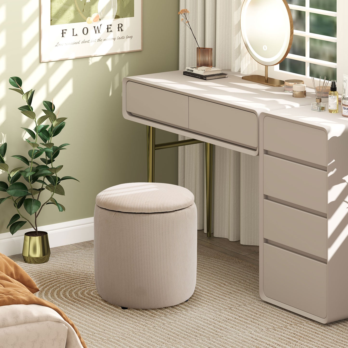 Set of 2 Round Ottoman with Storage, Fabric Vanity Stool for Makeup