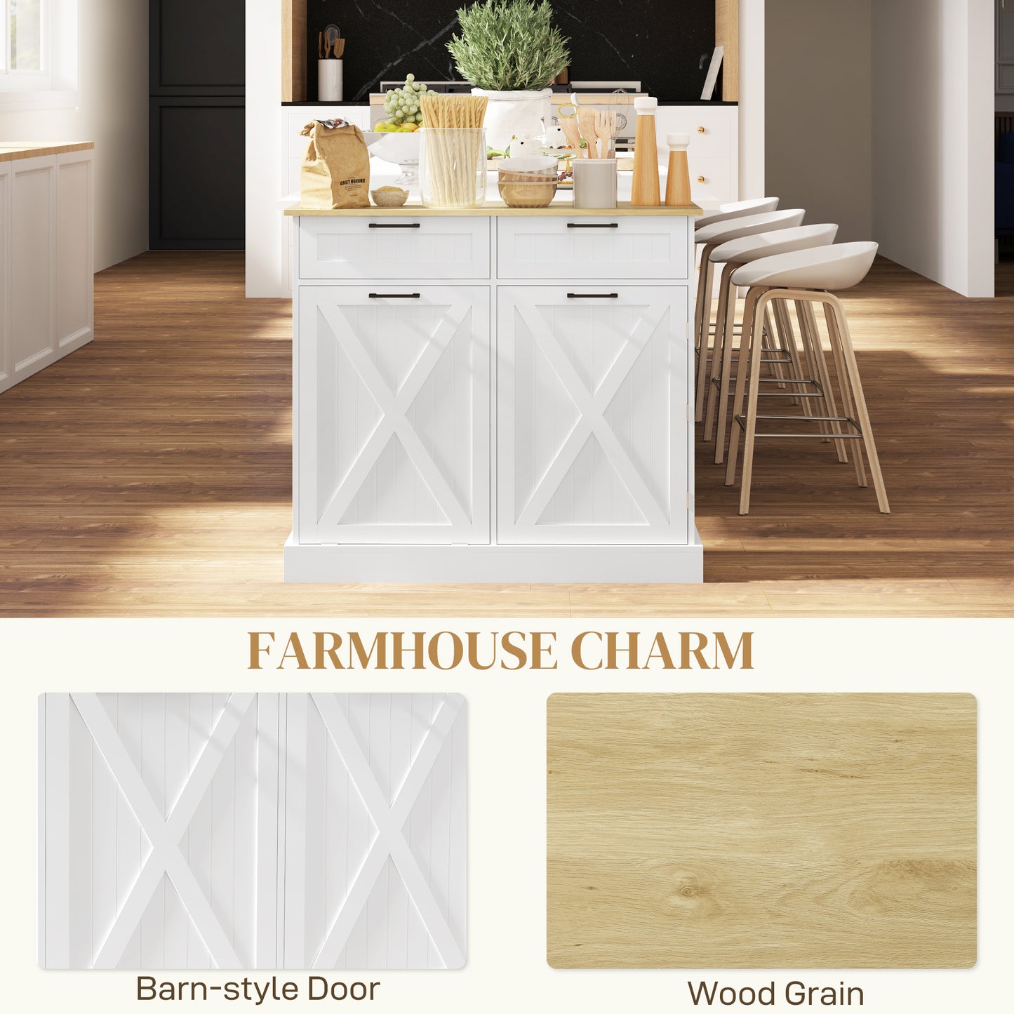 Sideboard with Tilt-out Trash Bin, Farmhouse Kitchen Sideboard with 2 Drawers, Adjustable Shelves, Door Racks, White