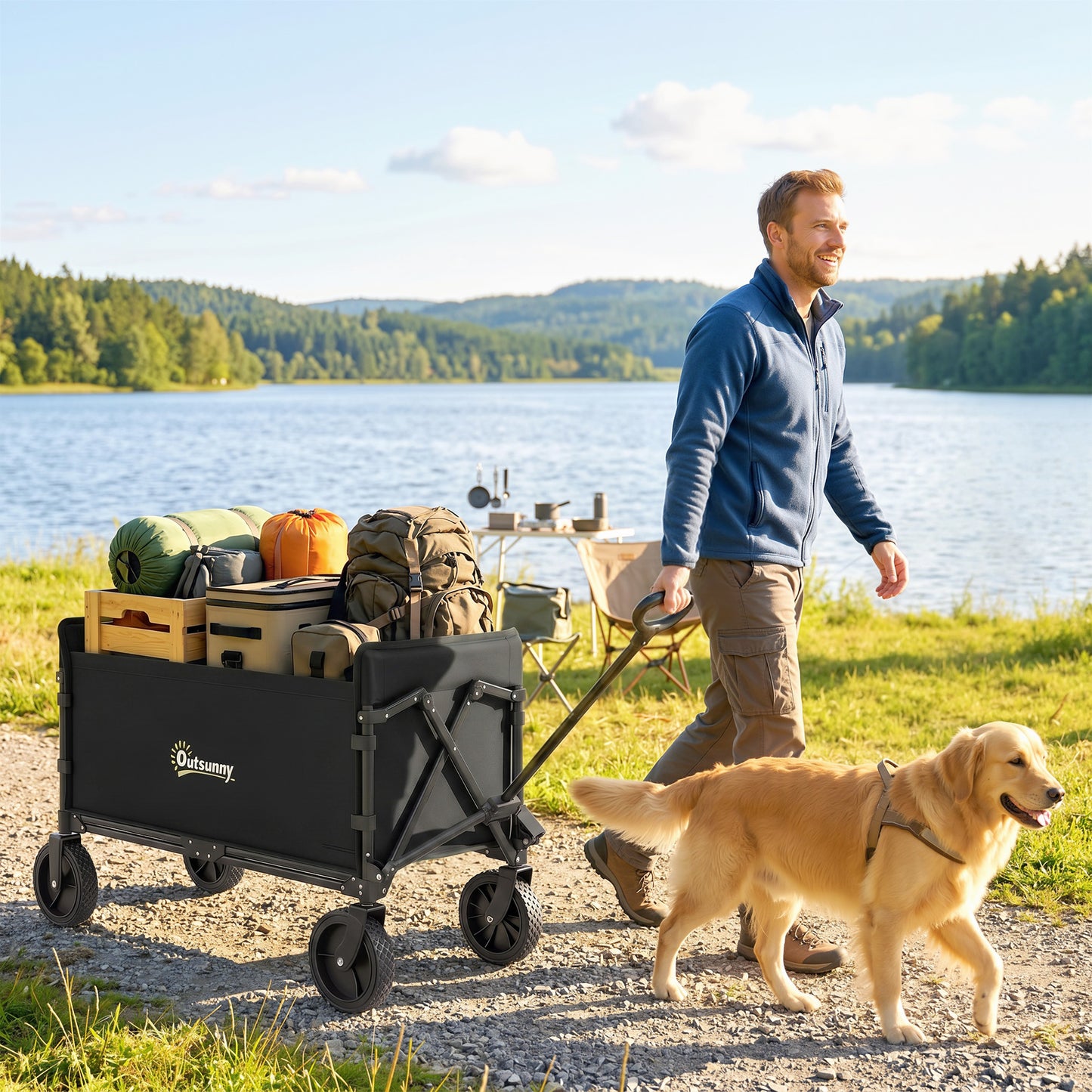 180L Festival Trolley on Wheels, Folding Compact Camping Trolley Cart with Adjustable Handle, 120 KG Capacity for Garden