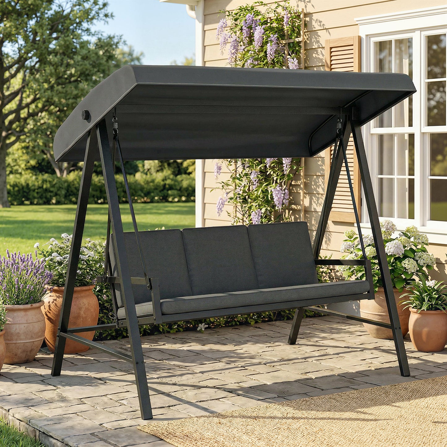 Three-Seat Garden Swing Chair, with Adjustable Canopy - Dark Grey
