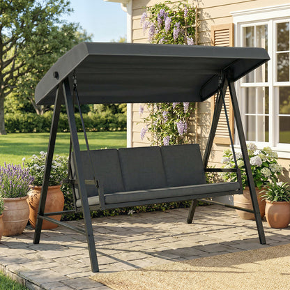 Three-Seat Garden Swing Chair, with Adjustable Canopy - Dark Grey