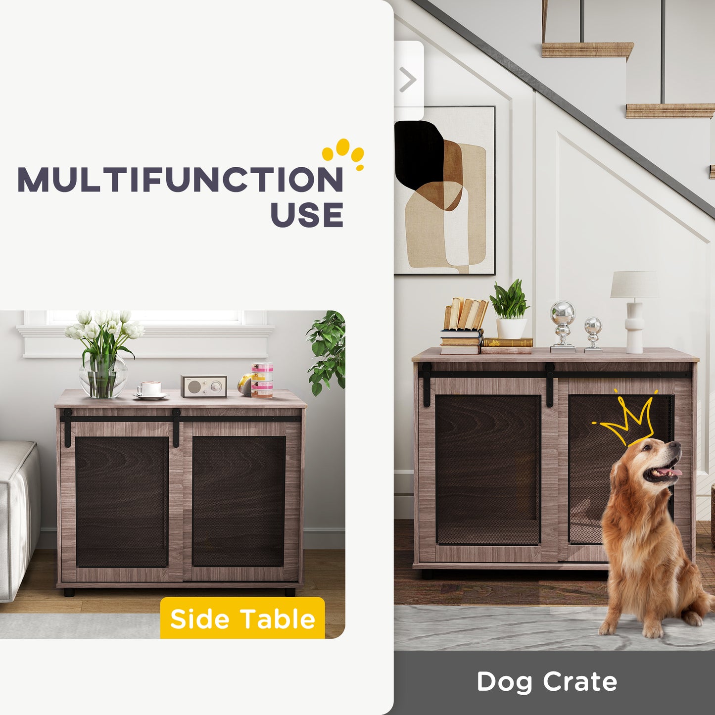 Dog Crate Furniture with Sliding Door for Large Dogs, Walnut Brown