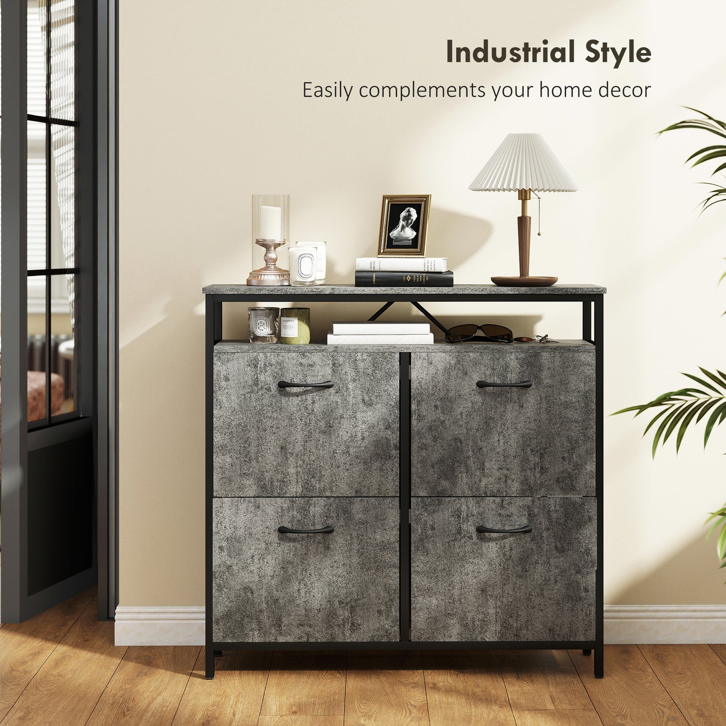 Shoe Storage Cabinet with 4 Flip Drawers and Open Shelf - Cement Grey