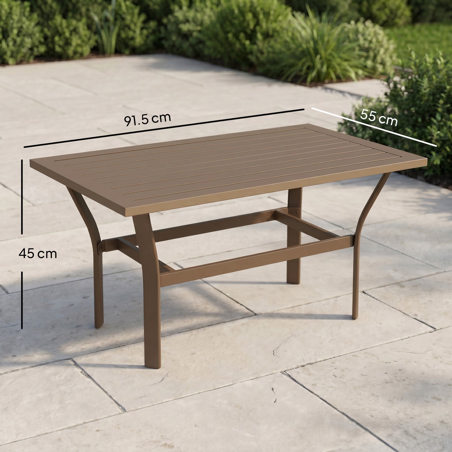 Metal Garden Coffee Table, Rectangular Outdoor Side Table with Slatted Tabletop, Foot Pads for Outside, Garden, Balcony