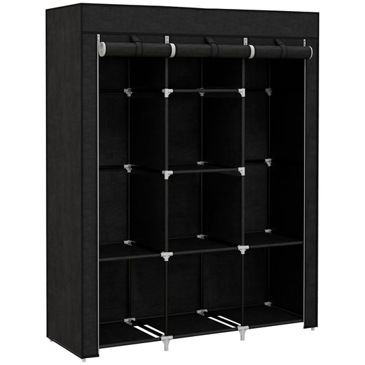 Fabric Wardrobe, with Rails and Shelves - Black