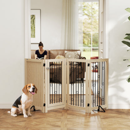 4 Panel Freestanding Pet Gate, Indoor Dog Barrier with Lockable Door, Support Feet, 360° Flexible Hinges, Oak