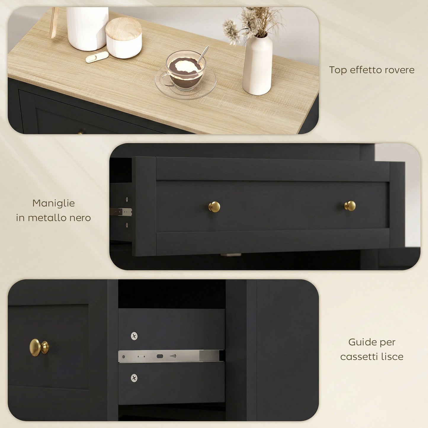 Sideboard Storage Cabinet, Modern Kitchen Cupboard with Adjustable Shelf, Drawer and Double Doors, Black