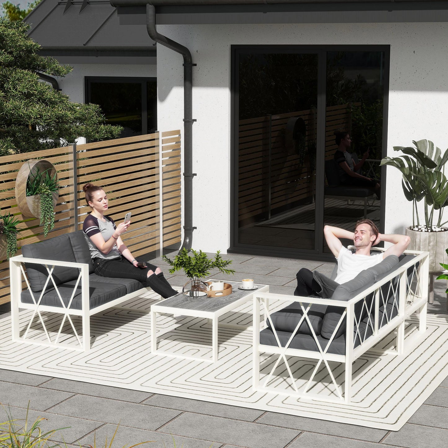 Four-Piece L Shaped Garden Furniture Set with 5-Level Adjustable Lounger - Grey