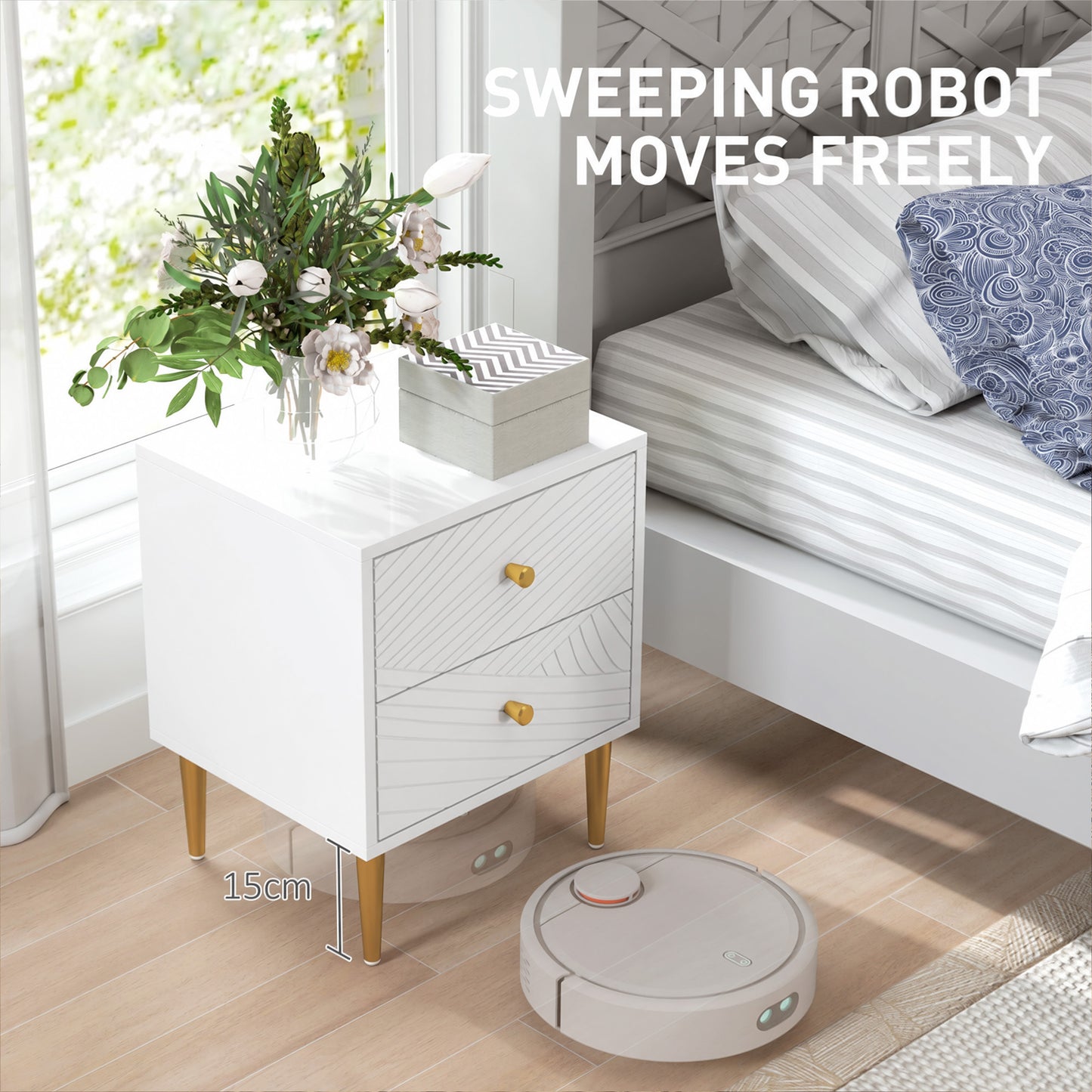 Elegant Two-Drawer Bedside Table - White/Gold-Tone