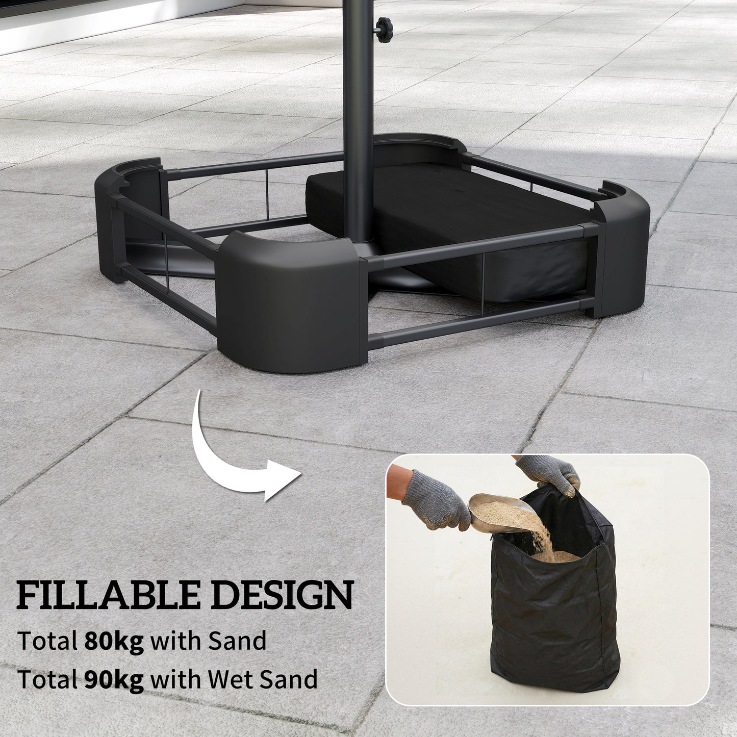 Garden Parasol Base 80 kg Sand Filled Heavy Duty Stand for Cantilever Umbrellas and 48 mm Poles Black