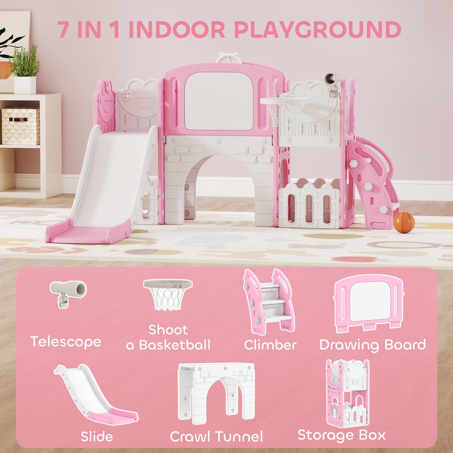 7 in 1 Toddler Slide Set with Basketball Hoop, Climbing Frame, Telescope, Drawing Board, Storage Box, Pink