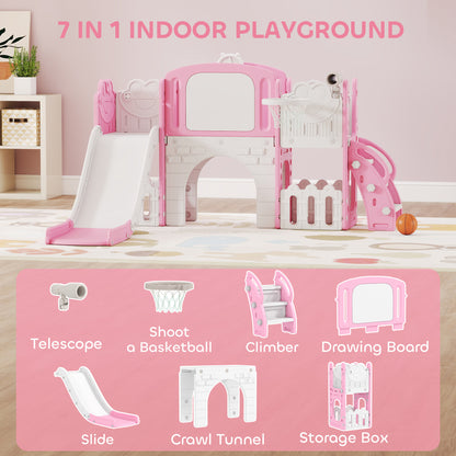 7 in 1 Toddler Slide Set with Basketball Hoop, Climbing Frame, Telescope, Drawing Board, Storage Box, Pink