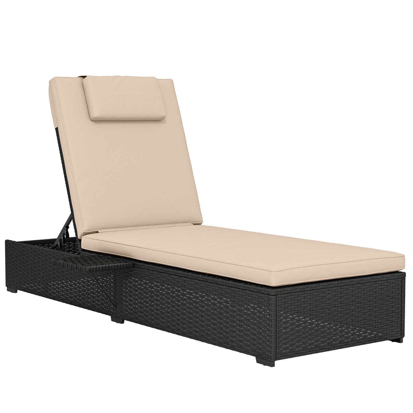 Rattan Sun Lounger with 5-Level Reclining Back Side Tray and Cushion, Black