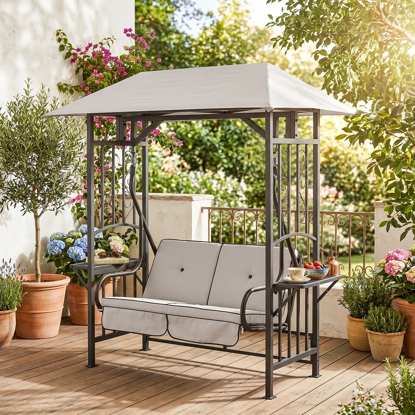 Outdoor Garden 2 Seater Canopy Swing Chair Seat Porch Loveseat Vintage Hammock Cushioned Seat w/ Steel Frame and Side Drink P