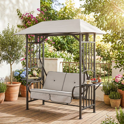 Outdoor Garden 2 Seater Canopy Swing Chair Seat Porch Loveseat Vintage Hammock Cushioned Seat w/ Steel Frame and Side Drink P