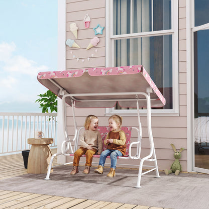 Kids Porch Swing, 2-Seater Patio Swing Bench Hammock with Seat Belts, Adjustable Canopy for Garden, Pink