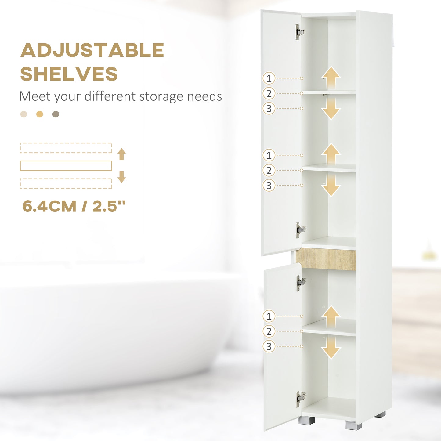 Tall Bathroom Cabinet with Adjustable Shelves, 5-Tier Modern Freestanding Tallboy with Storage Cabinets, White
