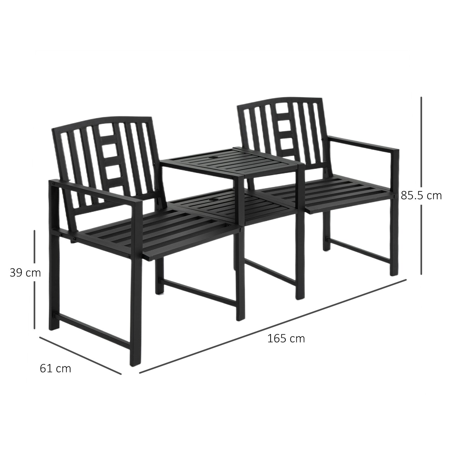 2 Seat Garden Chair Bench Loveseats Jack and Jill Seat w/Coffee Table Slatted Design Patio Yard