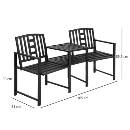 2 Seat Garden Chair Bench Loveseats Jack and Jill Seat w/Coffee Table Slatted Design Patio Yard