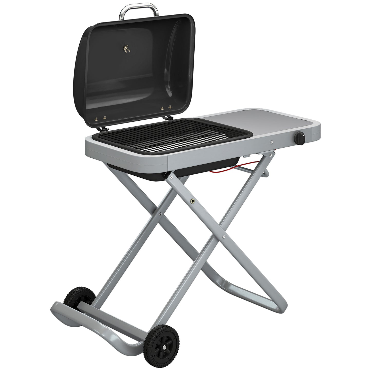 Foldable Gas BBQ Grill with Side Table, Portable Gas Barbecue Grill with Thermometer, Grease Box, Wheels, 2.5 kW, Black
