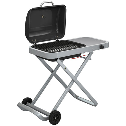 Foldable Gas BBQ Grill with Side Table, Portable Gas Barbecue Grill with Thermometer, Grease Box, Wheels, 2.5 kW, Black