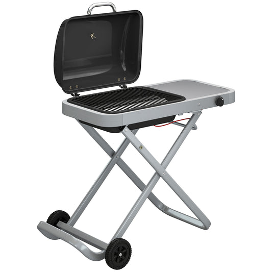 Foldable Gas BBQ Grill with Side Table, Portable Gas Barbecue Grill with Thermometer, Grease Box, Wheels, 2.5 kW, Black