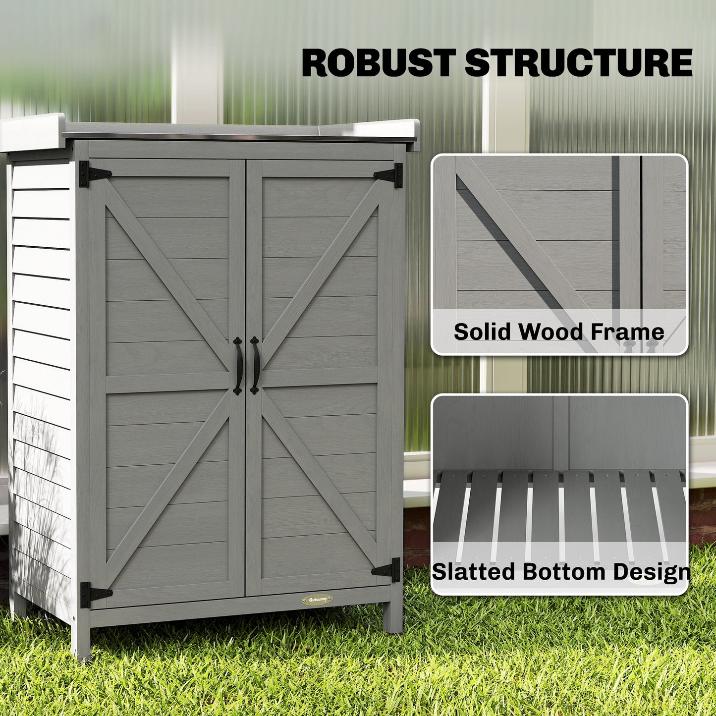 Wooden Garden Shed, Garden Tool Storage Shed with Shelf and Side Hooks, 71.5 x 39 x 95 cm, Grey