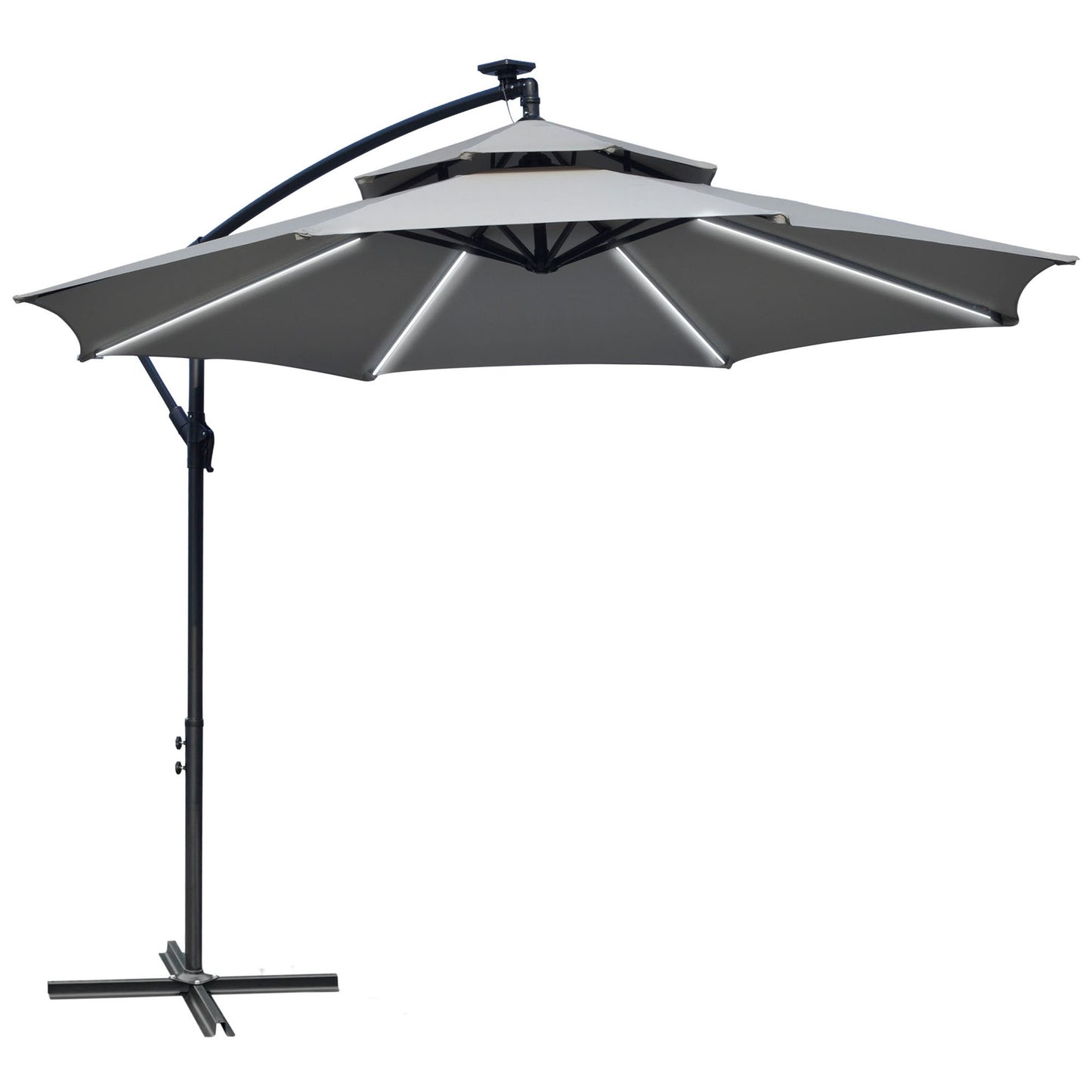 3(m) Cantilever Banana Parasol Hanging Umbrella with Double Roof, LED Solar lights, Crank