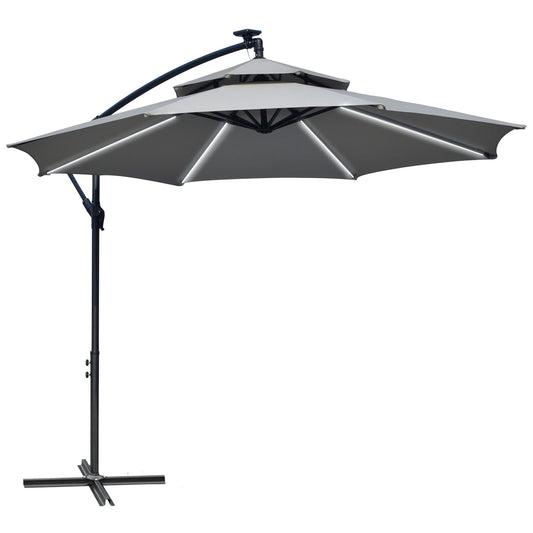 3(m) Cantilever Banana Parasol Hanging Umbrella with Double Roof, LED Solar lights, Crank