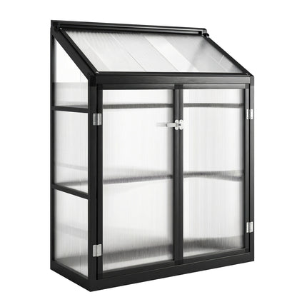 Polycarbonate Greenhouse with Hinged Door, Top Vent, Lean-to Green House, Walk-in Greenhouse, 4 x 2ft, Black