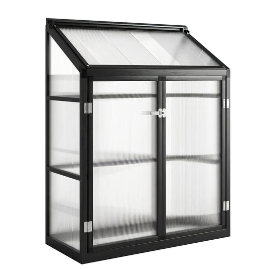 Polycarbonate Greenhouse with Hinged Door, Top Vent, Lean-to Green House, Walk-in Greenhouse, 4 x 2ft, Black