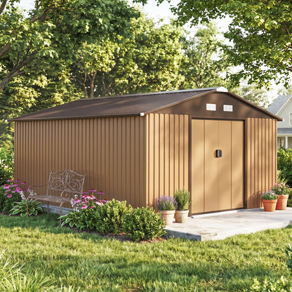 13 x 11ft Metal Garden Shed, Waterproof Outdoor Bike Storage Shed Galvanised with Vents, Foundation Kit