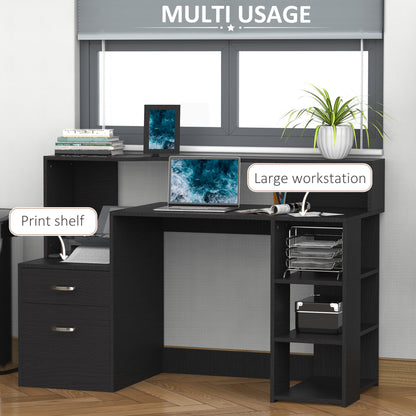 Computer Desk with Drawers and Storage Shelves, Office Desk Writing Table with Printer Stand, Black