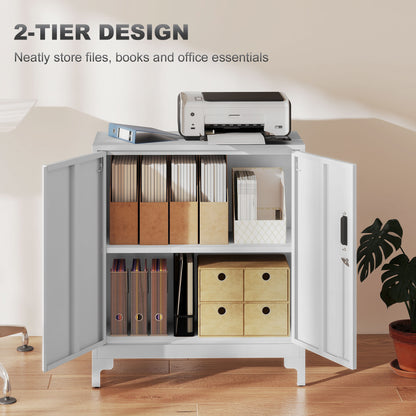 Lockable Metal Filing Cabinet, 2-Tier Storage Cupboard with Double Doors, Modern Office Organiser, White