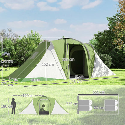Large Camping Tent Tunnel Tent with 2 Bedroom and Living Area, 2000mm Waterproof, Portable with Bag for 4 Man, Green