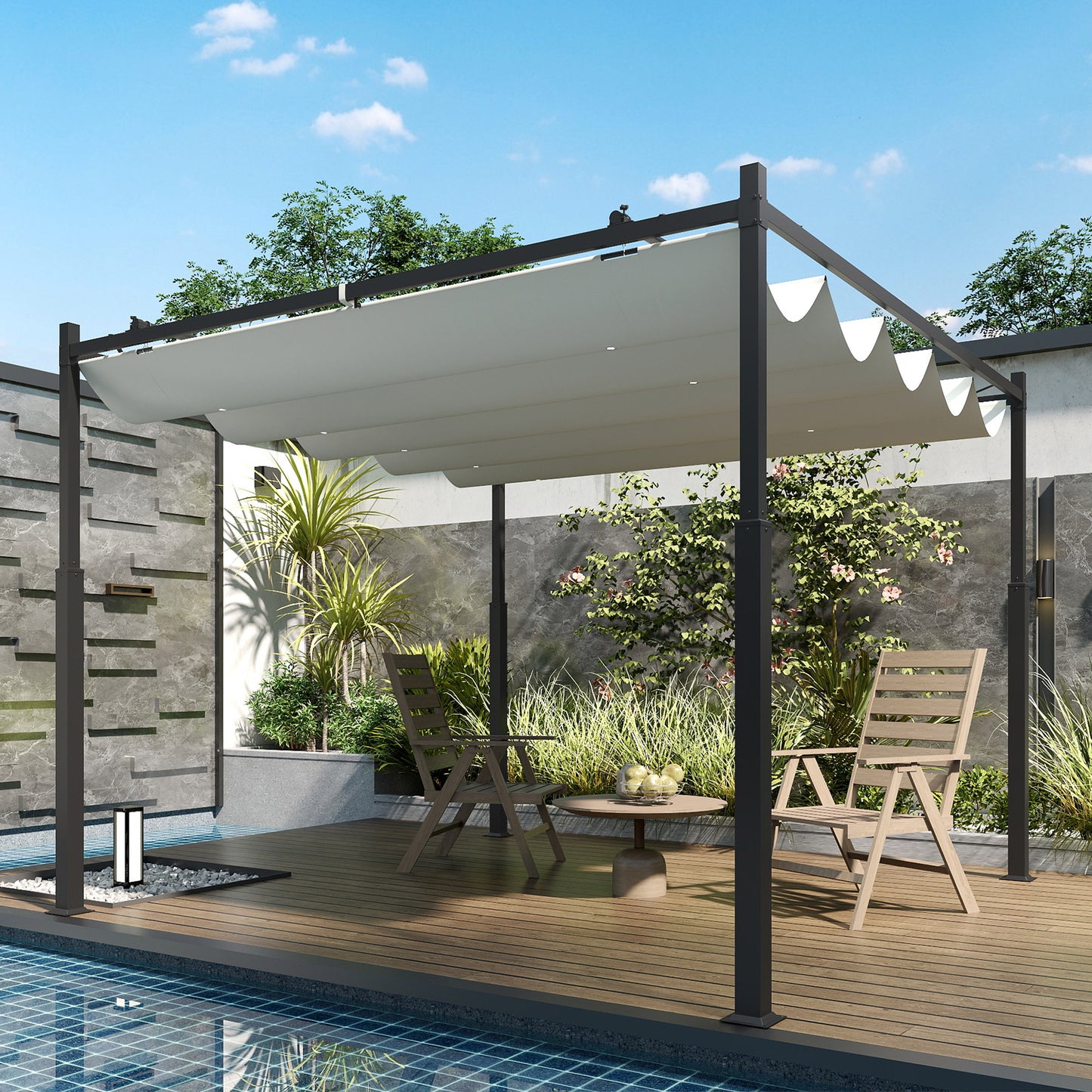 3 x 3(m) Metal Pergola with Retractable Roof and Magnetic Fixture, Outdoor Gazebo Garden Pergola Kit Sun Shade Canopy