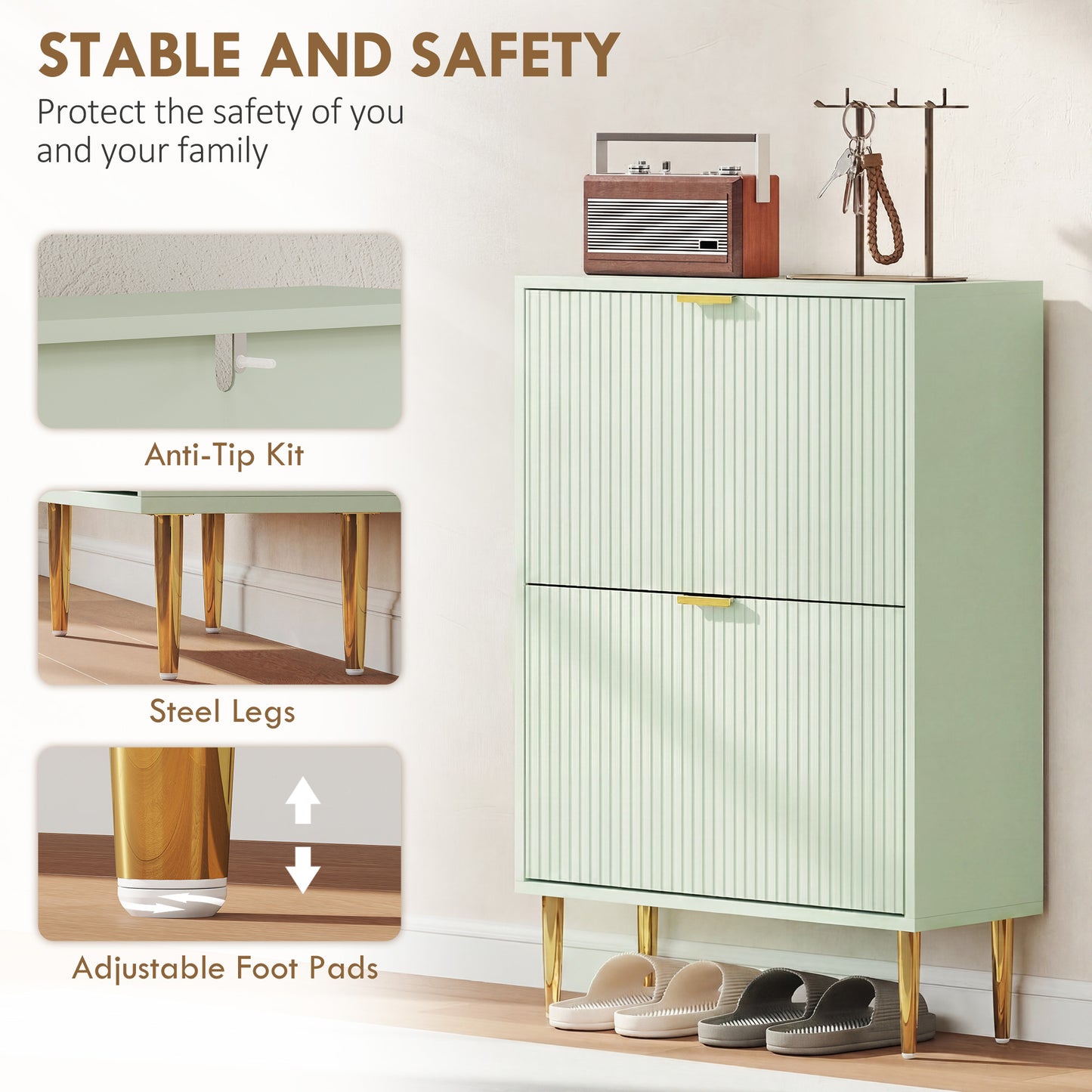 Elegant Two-Drawer Shoe Cabinet - Light Green