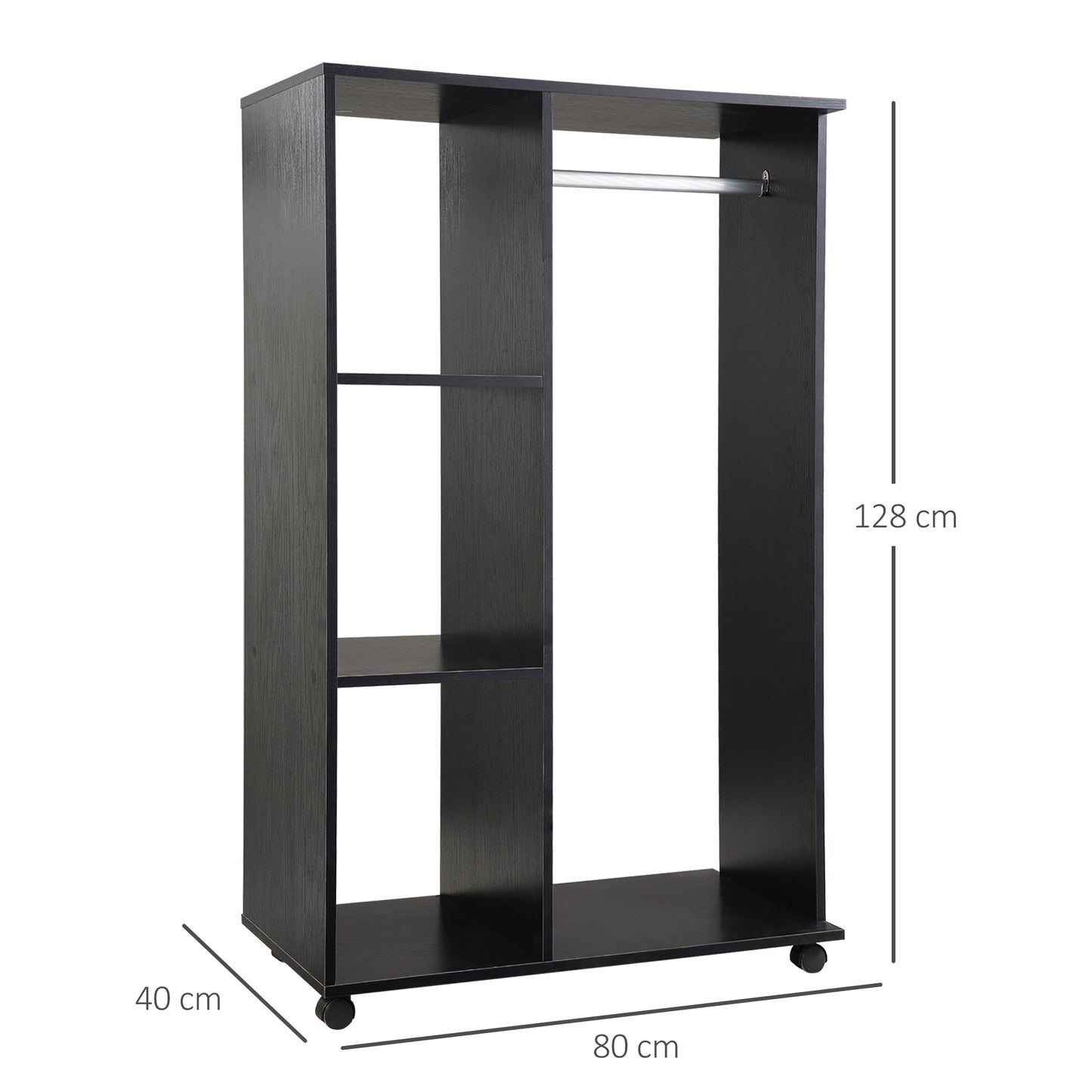 Open Wardrobe on Wheels, Bedroom Wardrobe with Clothes Hanging Rail, 3 Storage Shelves, Mobile Garment Rack for Cloakroom