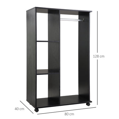 Open Wardrobe on Wheels, Bedroom Wardrobe with Clothes Hanging Rail, 3 Storage Shelves, Mobile Garment Rack for Cloakroom