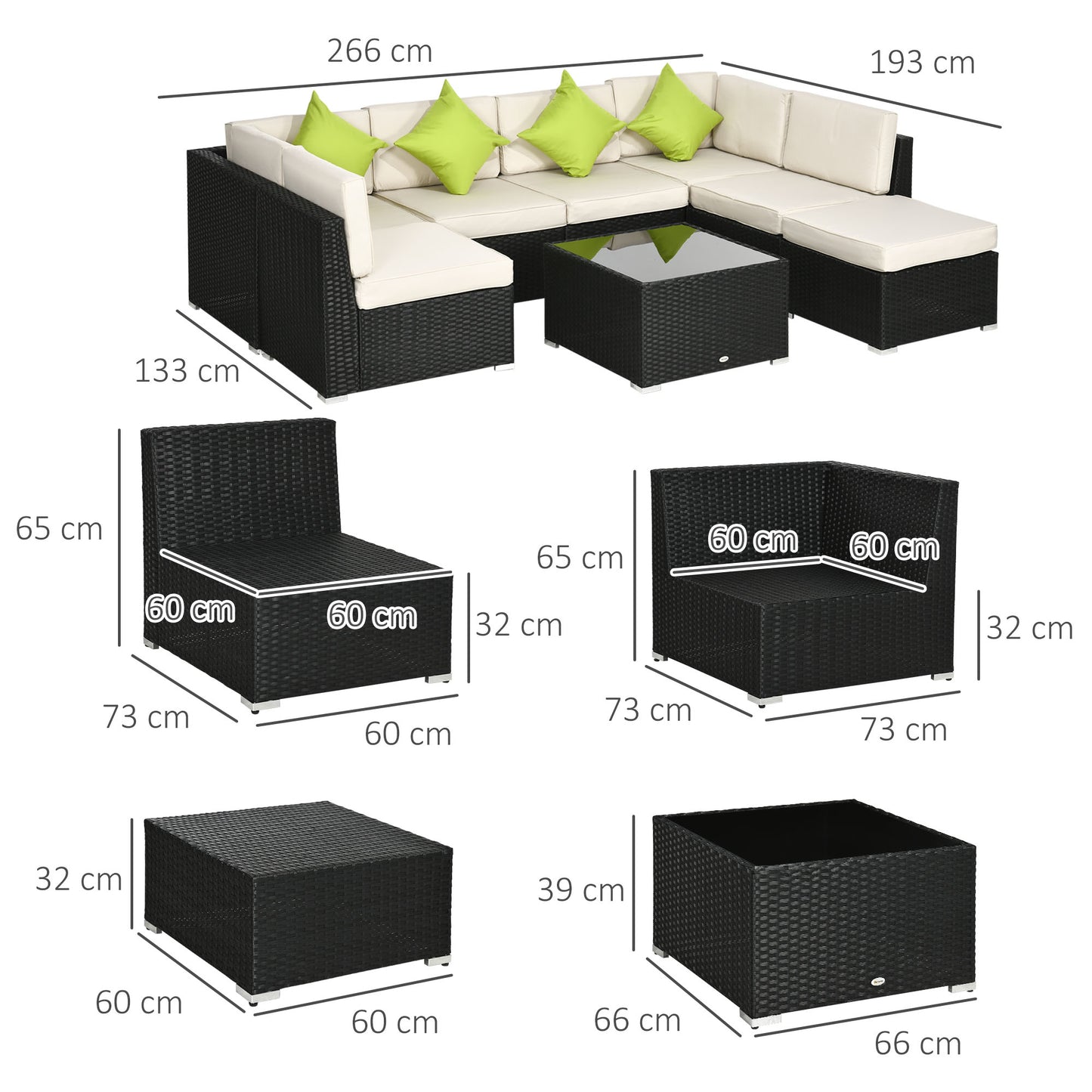 8 Pieces PE Rattan Corner Sofa Set, Patio Wicker Sofa Seater with Cushion, Washable Cushion Cover & Tempered Glass Table