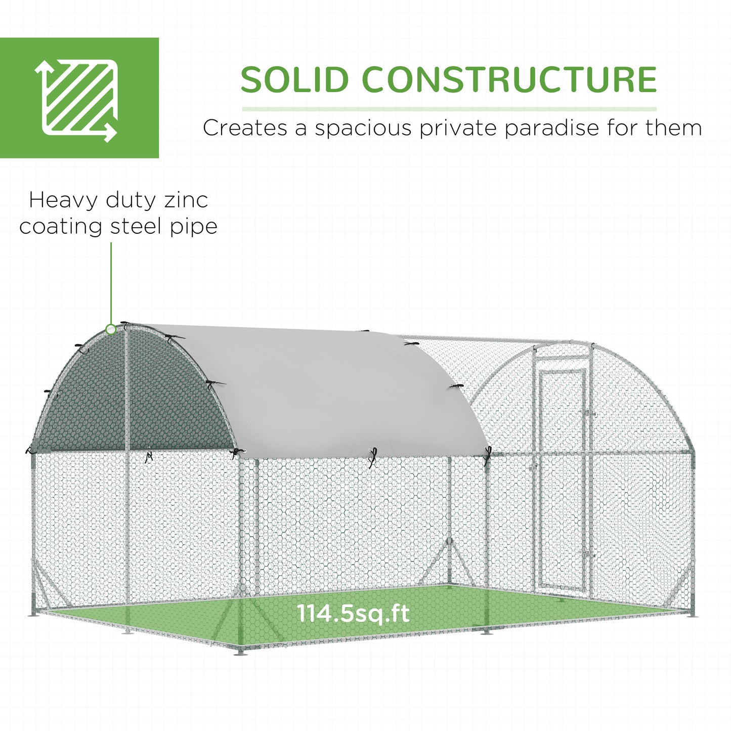 2.8 x 3.8 x 2m Walk In Chicken Run Galvanised Chicken Coop with Water-Resist Cover, Silver