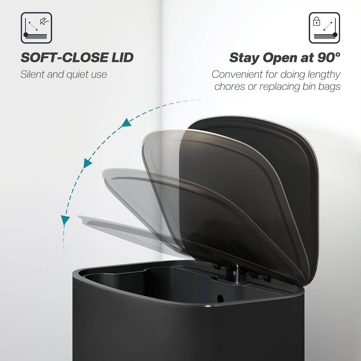 50L Kitchen Bin with Soft-Close Lid and Stay-Open Function, Stainless Steel Pedal Bin with Removable Inner Bucket